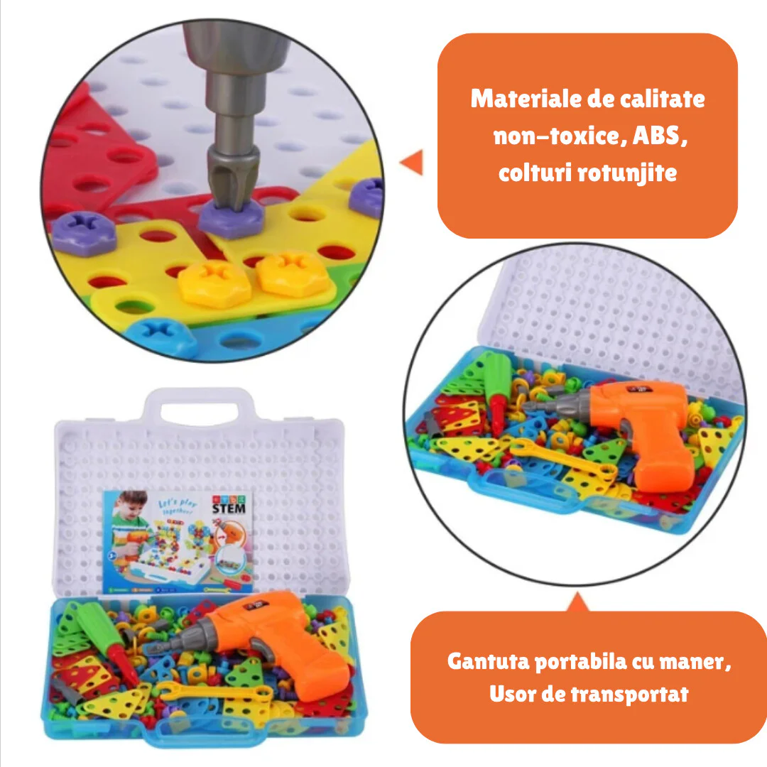 Set de constructie puzzle, cu bormasina, de insurubat, dezvolta