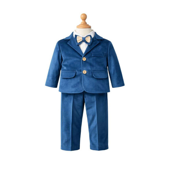 Costum Botez Băieți, Elegant – Set 5 Piese (Sacou, Body, Bereta, Cămașă, Papion, Pantalon) – 1-12 Luni, Albastru catifea