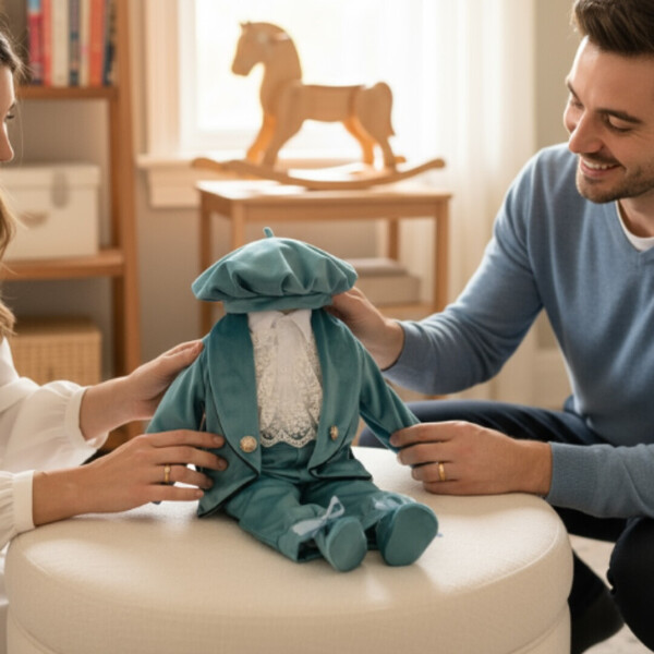 Costum Botez Băieți, Elegant – Set 6 Piese (Sacou, Body, Bereta, Cămașă tip body, Aripi detasabile, Pantalon, Botosei) – 1-12 Luni,Verde