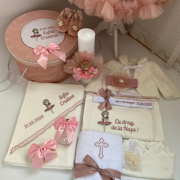 Trusou Botez, Brodat, Tematică Balerină, Complet cu 7 elemente, Personalizat, Roz