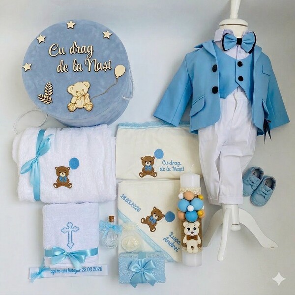 Trusou Botez , Ursulet cu baloan, Complet cu 7 elemente, Personalizat, Baby Blue
