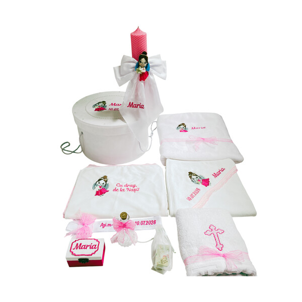 Trusou Botez fetiță , Îngeraș, Complet cu 7 elemente, Personalizat, Roz Fucsia